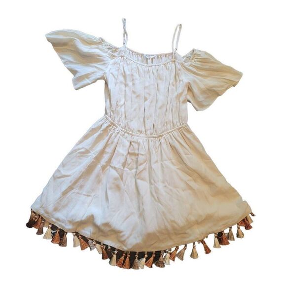 Tularosa Dress Women's Small Beige Fiesta Tassel Cold Shoulder Mini Boho - Picture 2 of 6